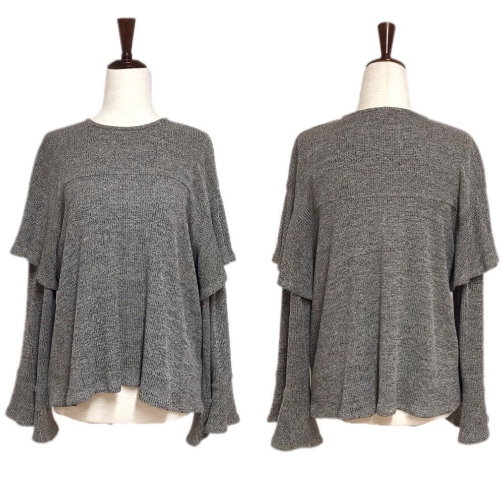 RACHEL PALLY Metallic Ruffle Sweater Top Flare Sleeve Gray Pewter‎ Small New